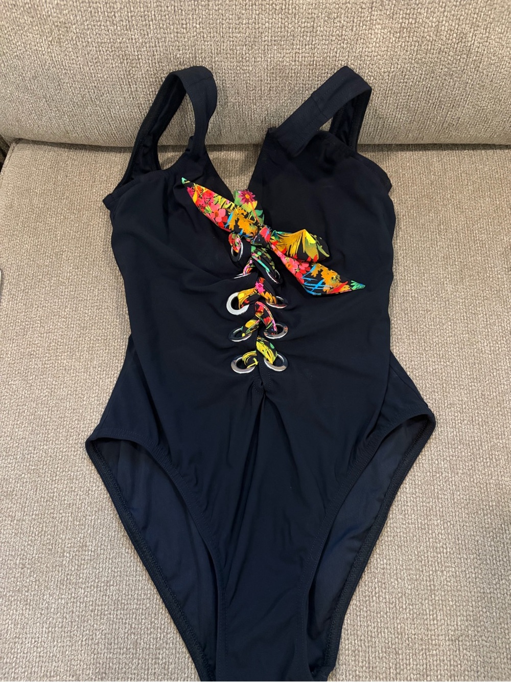 Black One-Piece Swimsuit with Floral Lace-Up Front
